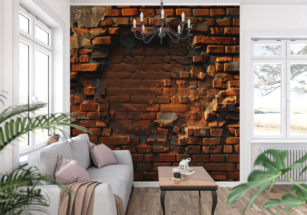 Brick wallpaper adding texture to home office with wooden desk