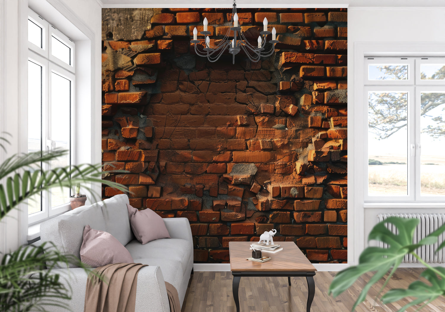 Brick wallpaper adding texture to home office with wooden desk