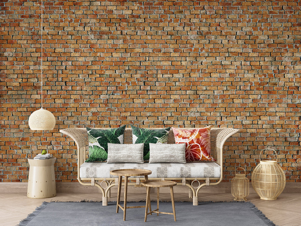 Brick wall mural in modern living room showcasing terracotta tones and industrial style