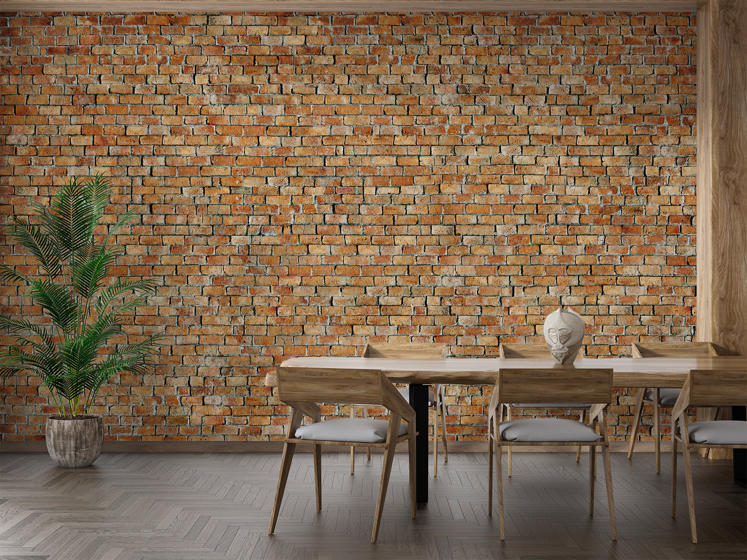 Industrial brick wallpaper creating cozy atmosphere in dining room setting