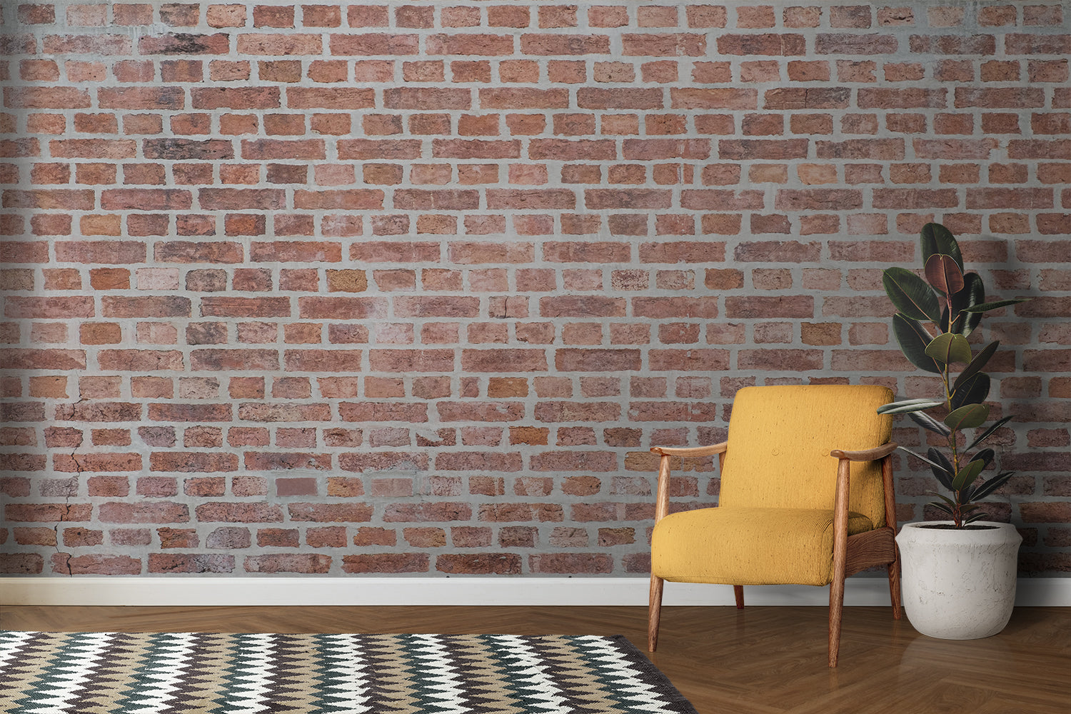 Vintage brick wallpaper in modern living room showing rich terracotta tones and authentic texture