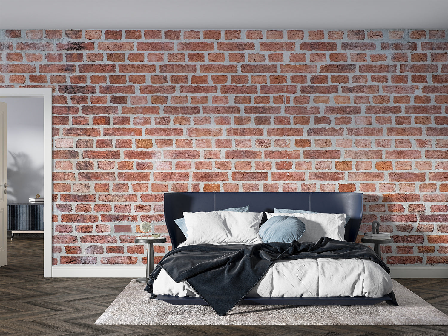 Vintage brick wall mural in contemporary bedroom showing realistic texture