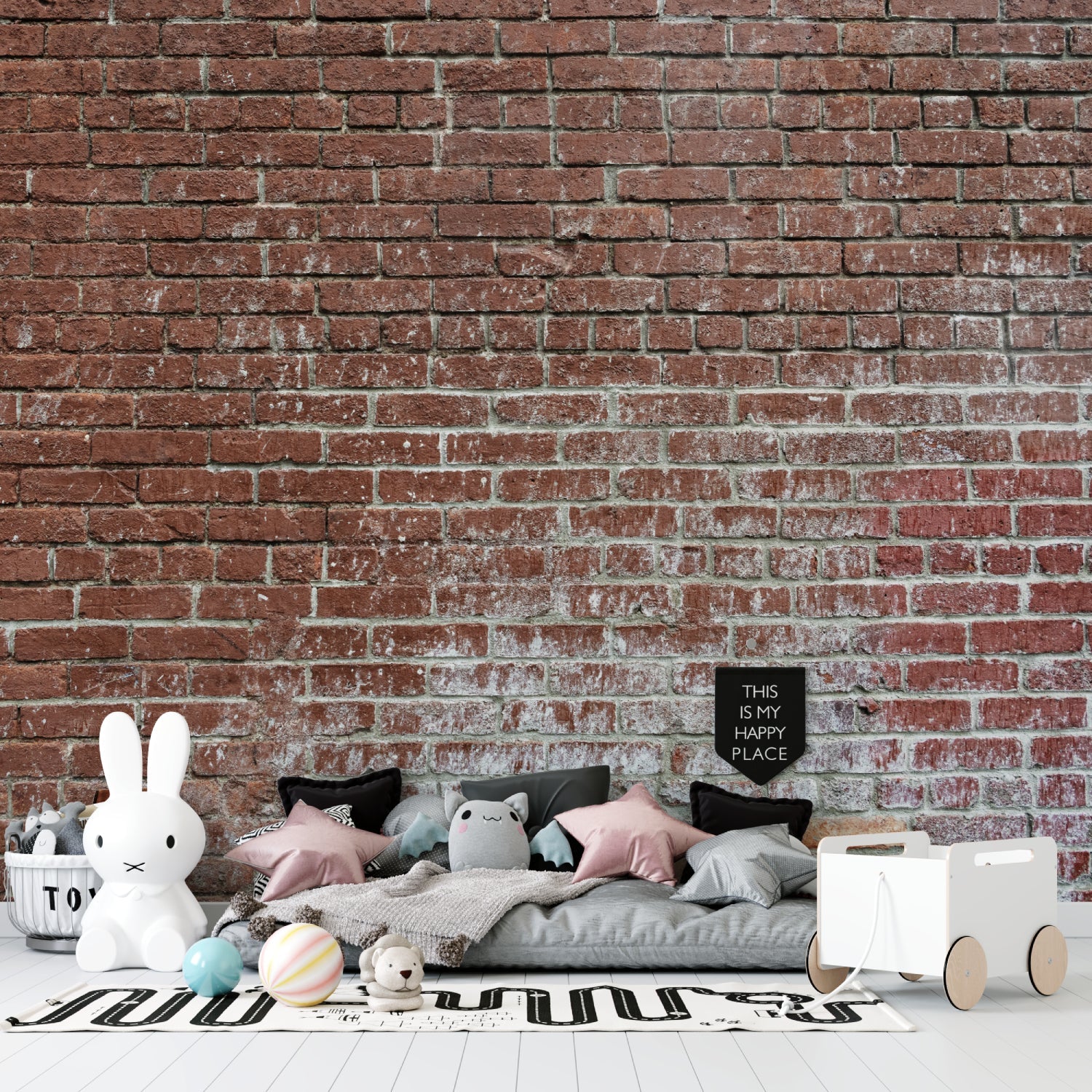 Red brick wallpaper in modern living room creating industrial loft atmosphere