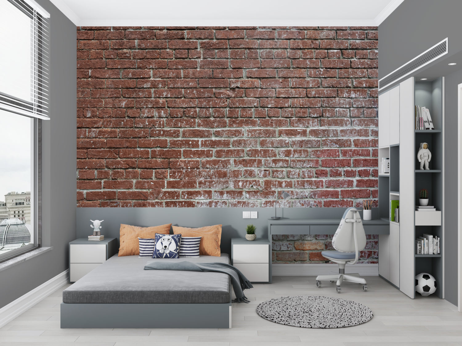 Red brick mural wallpaper in bedroom showing textured detail