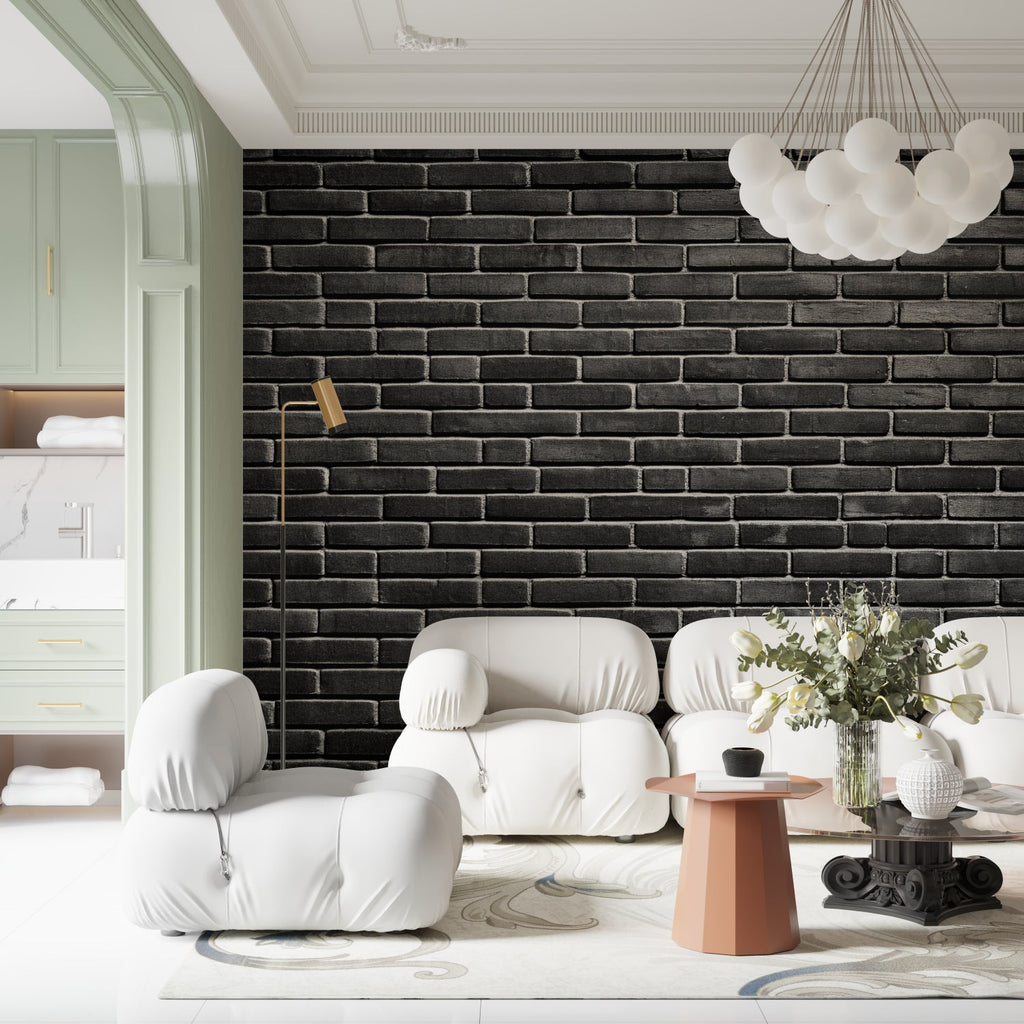 Industrial brick wall mural in home office with metal desk and leather chair