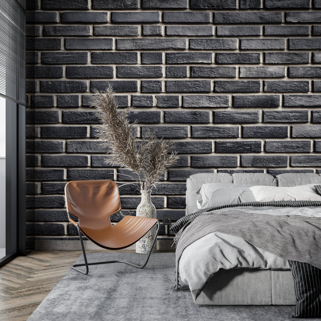 Industrial brick wallpaper creating feature wall in minimalist bedroom with urban style