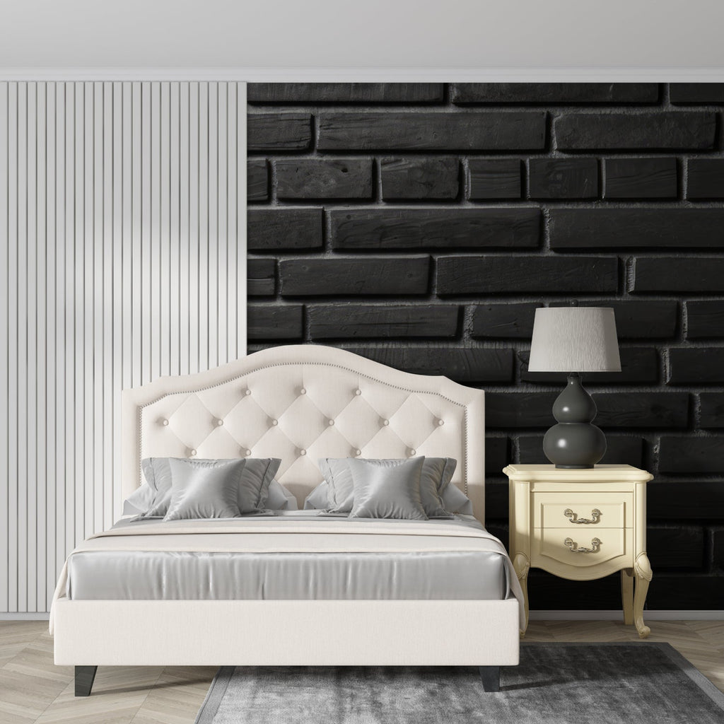 Industrial brick mural creating depth in minimalist dining space
