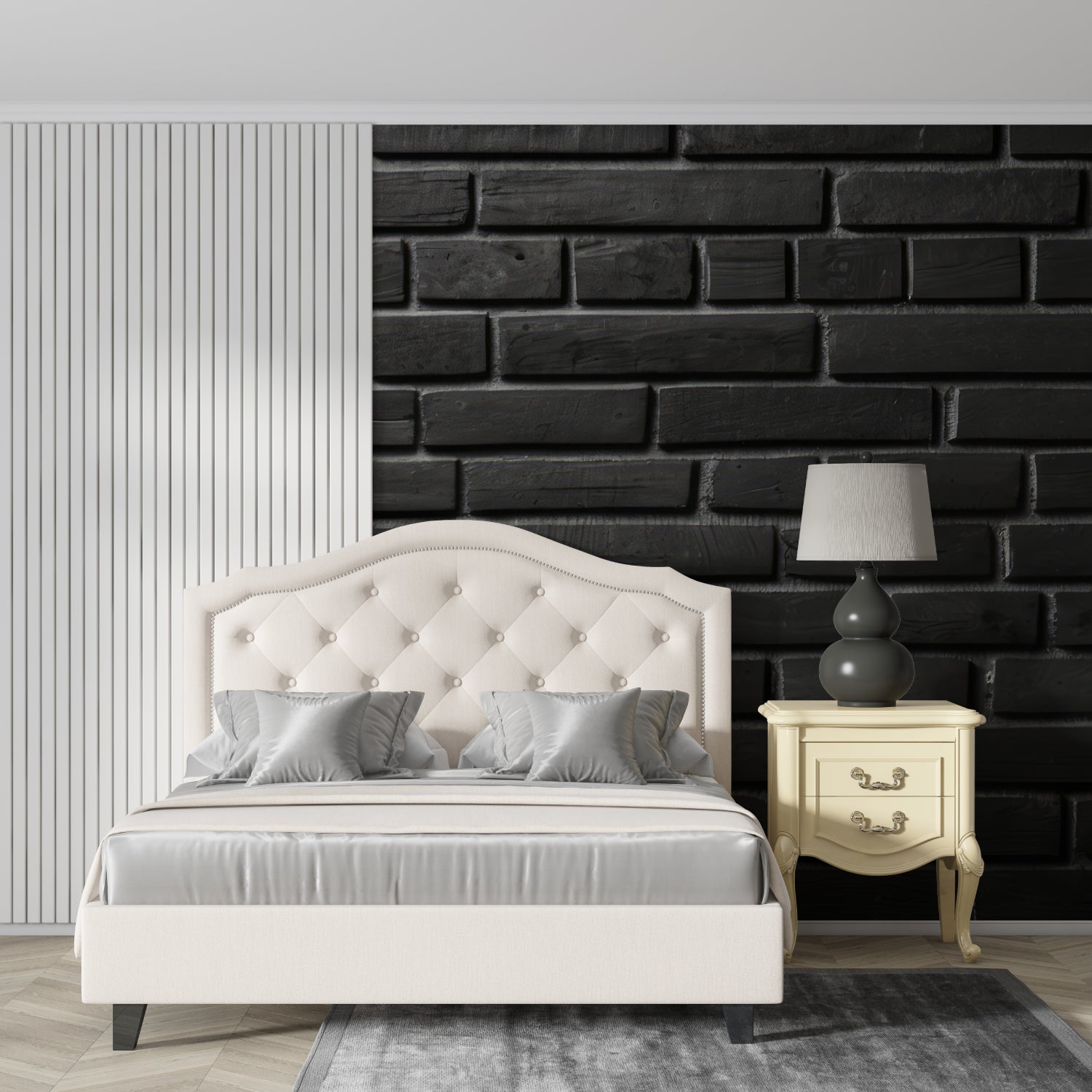Industrial brick mural creating depth in minimalist dining space