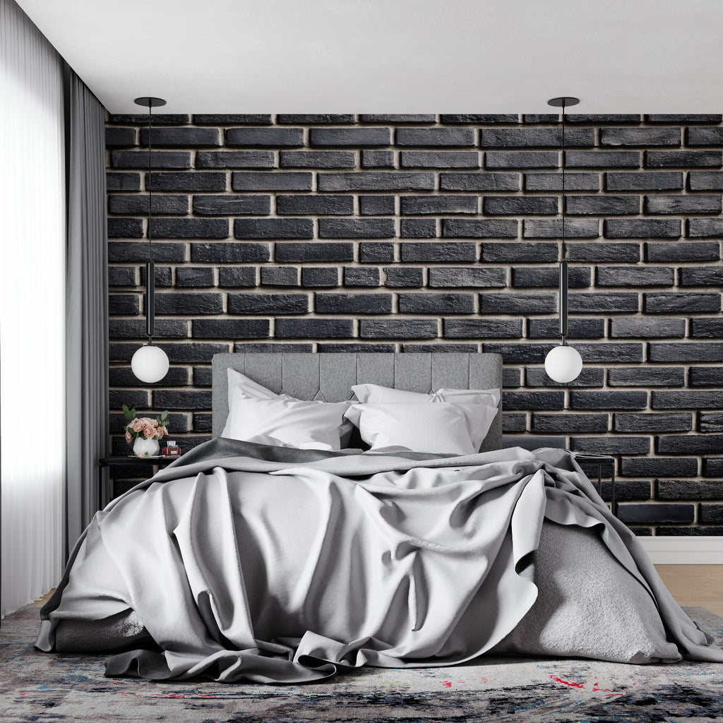 Black brick wall mural installation in modern home office showing depth and texture