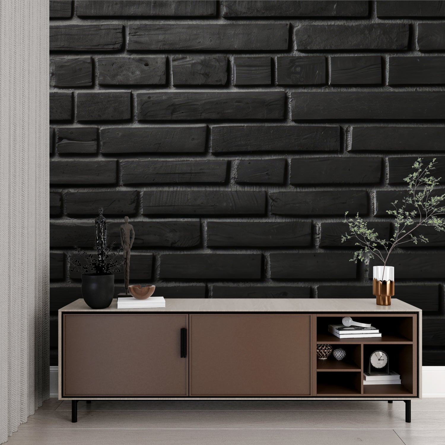 Modern black brick wallpaper in urban loft bedroom setting