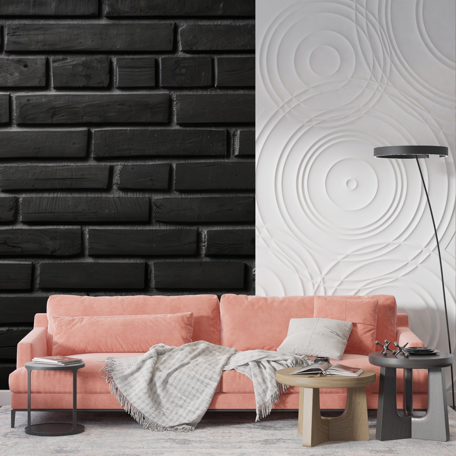 Contemporary kitchen featuring dark brick wall mural