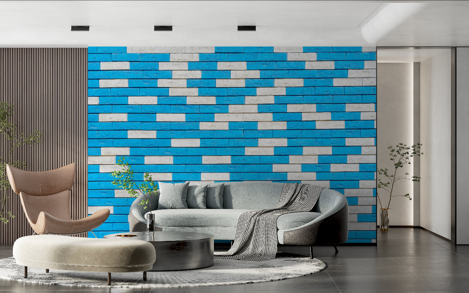Modern brick pattern wall mural adding urban style to a dining room with industrial decor