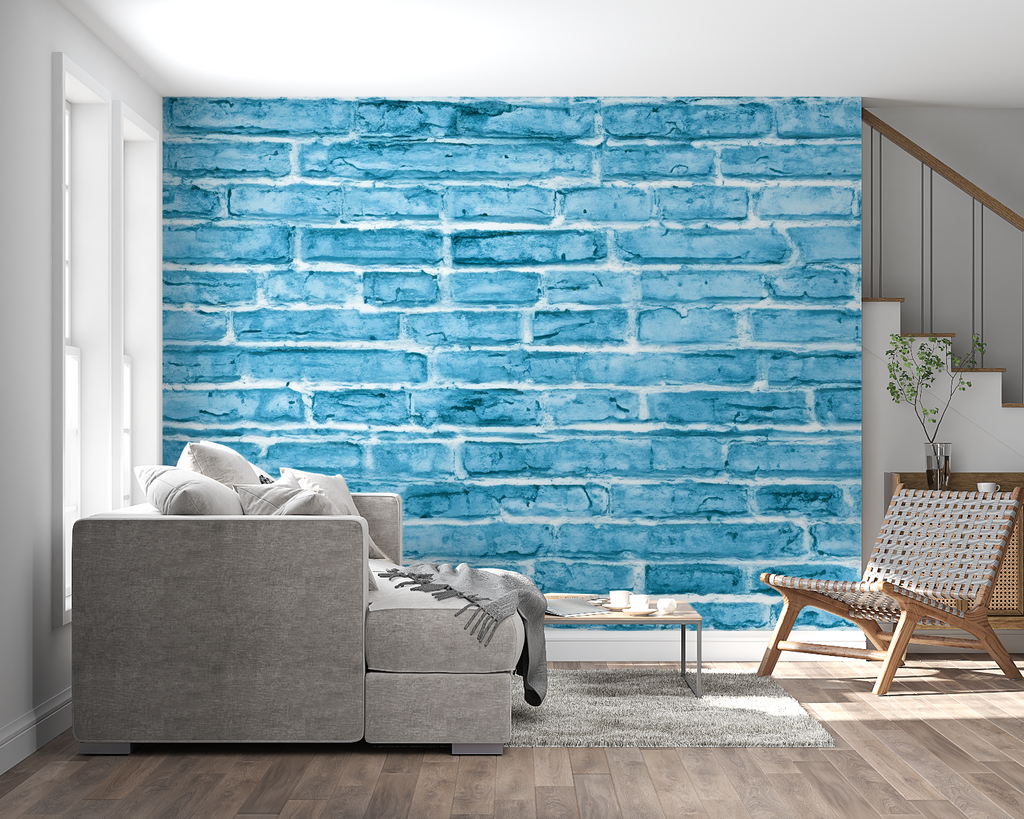 Industrial brick wallpaper featuring blue tones in a contemporary bedroom setting