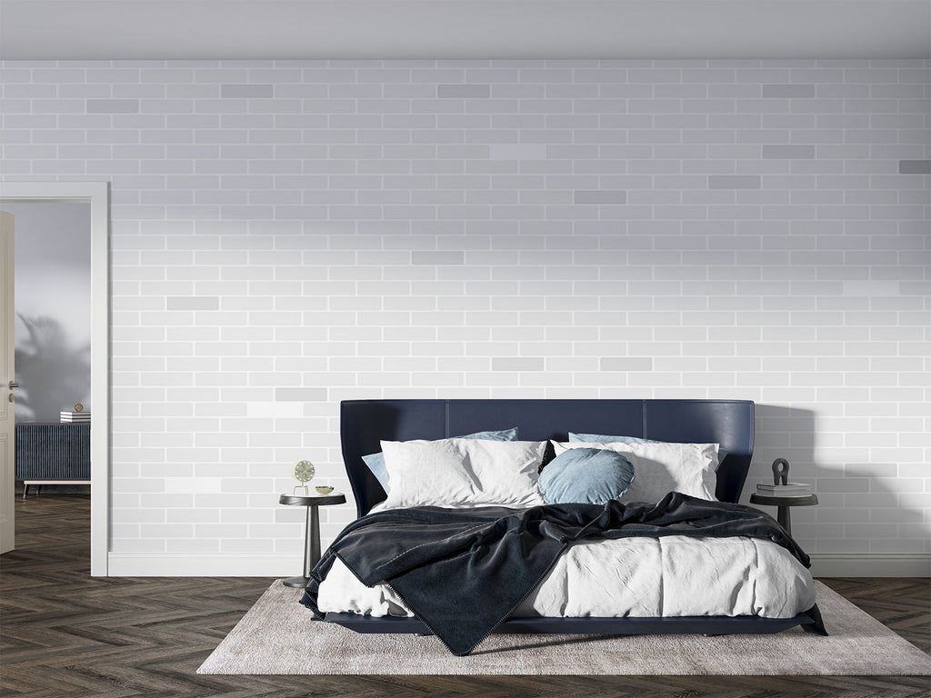 Grey and white brick wallpaper making a statement in bedroom design