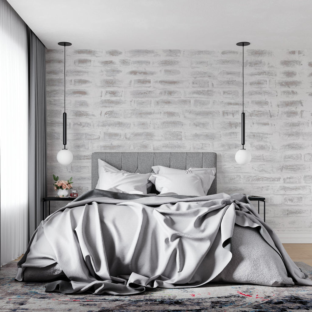 Grey brick wall mural creating depth in a modern home office space