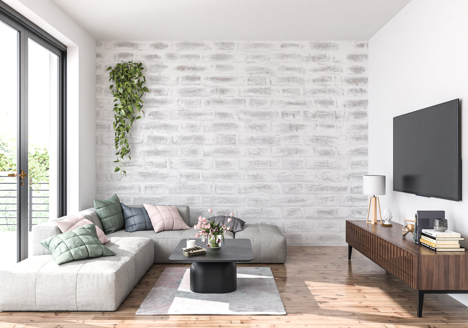 Industrial brick wallpaper pattern in a contemporary dining room setting
