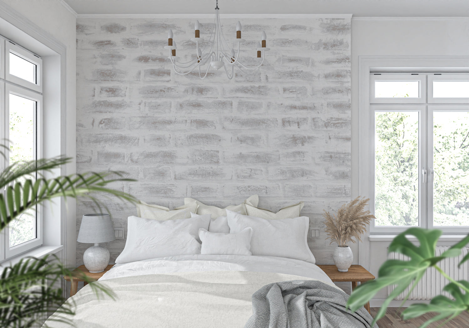 Distressed grey brick pattern adding texture to a bedroom feature wall