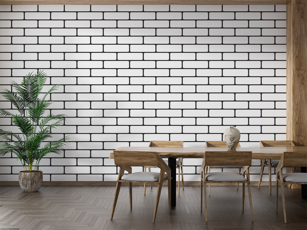 Black and white brick wallpaper adding urban style to an industrial dining room