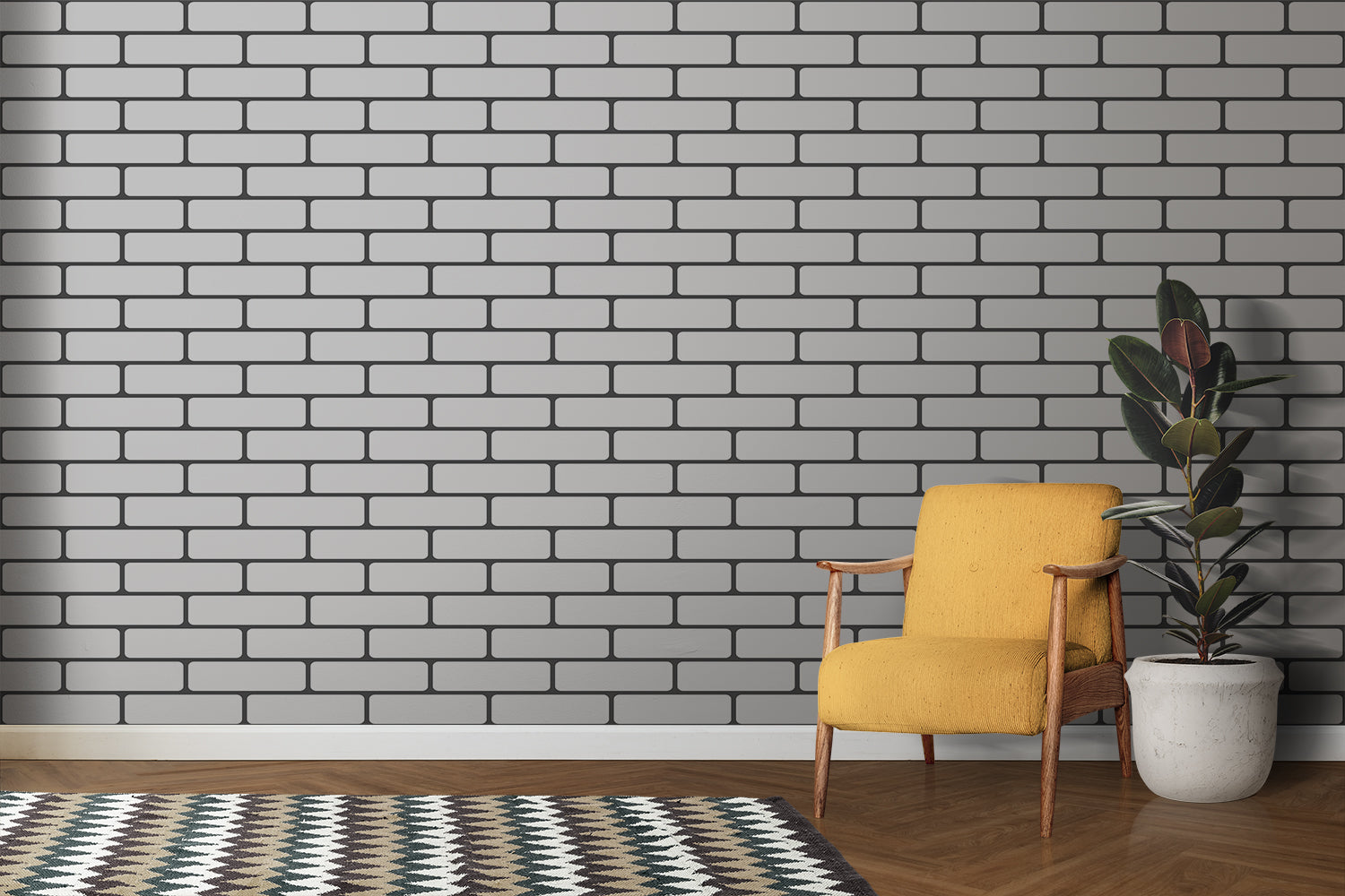 Modern brick wall mural bringing texture to a monochrome bedroom design