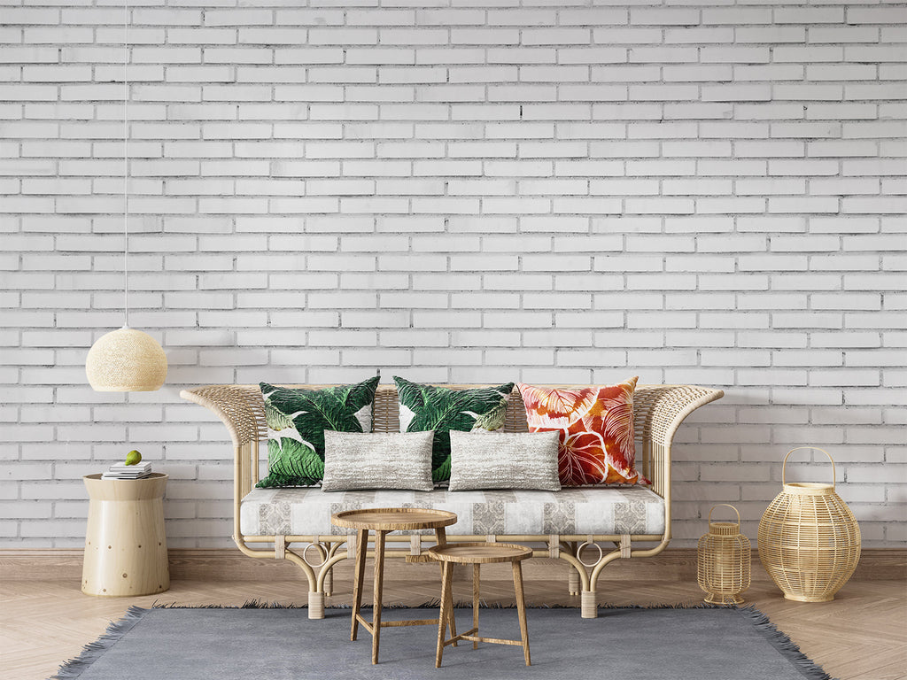 White brick pattern wall mural in modern kitchen with stainless steel appliances