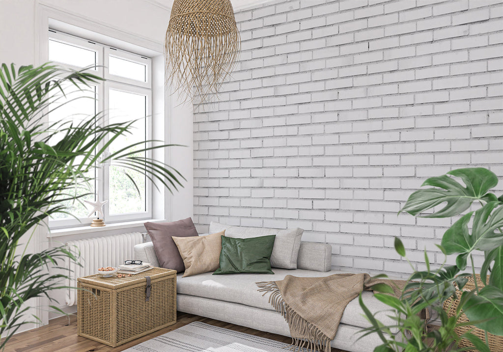White and grey brick pattern in commercial space with modern lighting