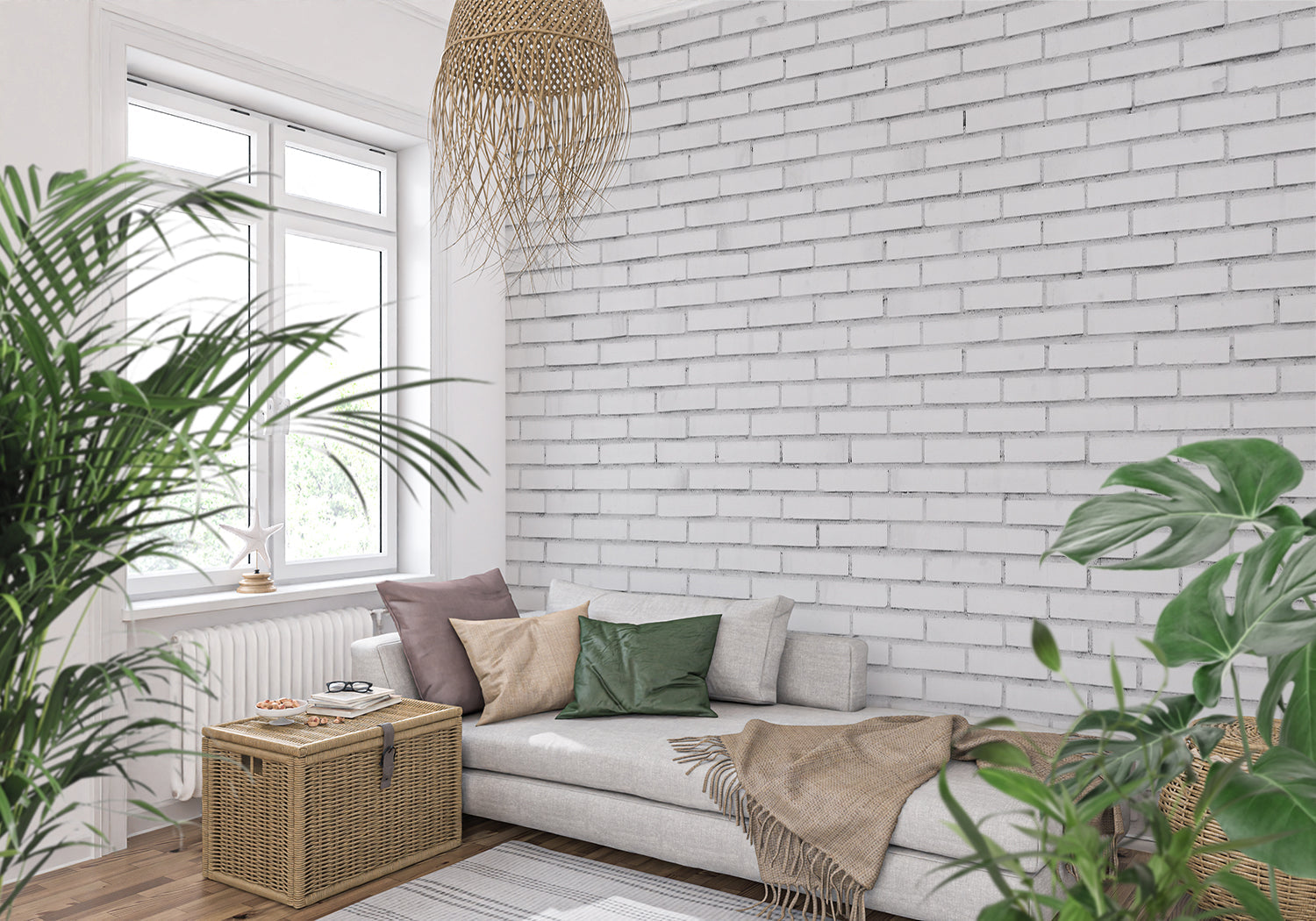 White and grey brick pattern in commercial space with modern lighting