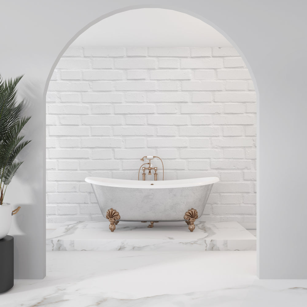 Modern white brick arch wallpaper in a bright living room with minimal furniture and large windows