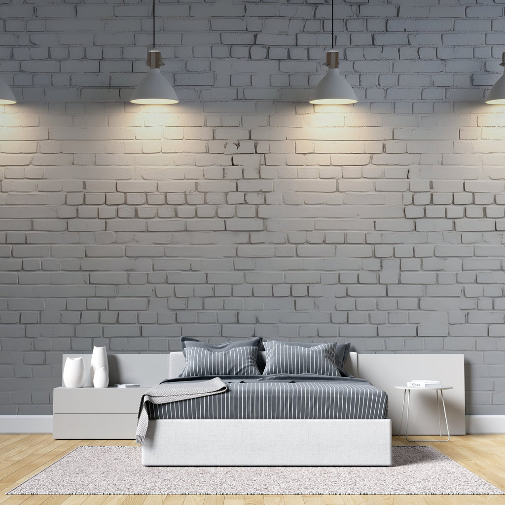 Modern white brick wallpaper application in home office setting