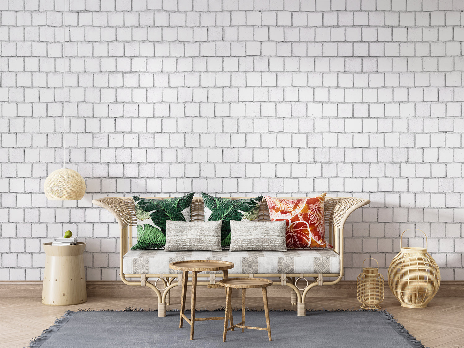 Contemporary kitchen featuring white stone wall mural creating bright, open feel
