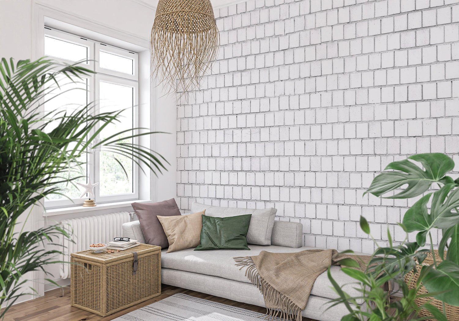 Dining room showcasing white stone pattern wallpaper in natural lighting