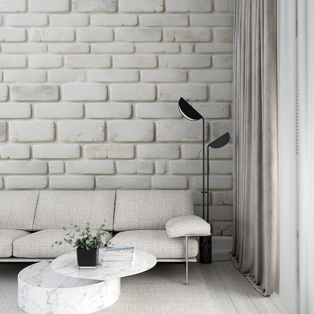 Modern white brick wallpaper creating a bright, airy atmosphere in a contemporary living room setting