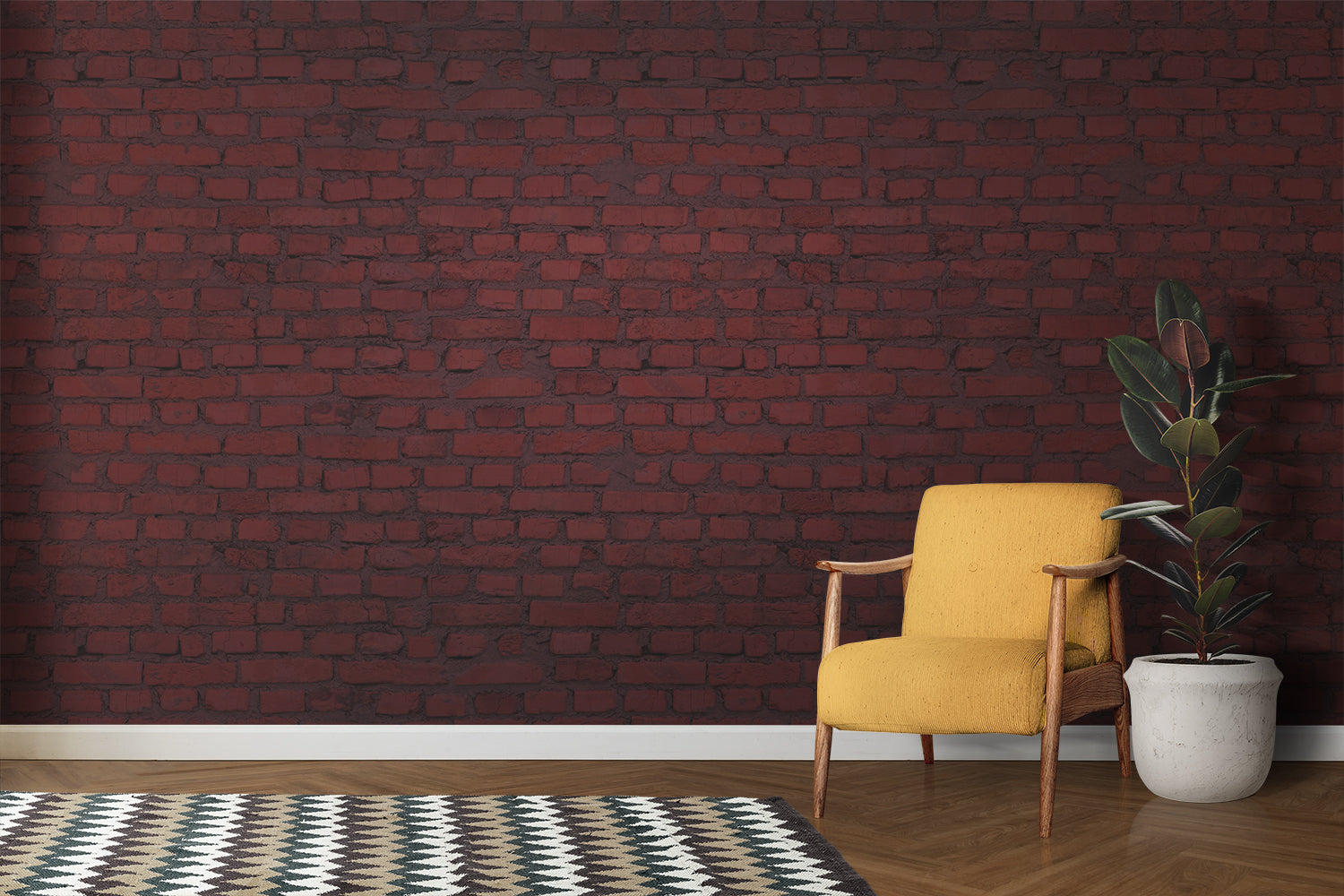 Red brick wallpaper creating industrial charm in modern living room with gray sofa and metal accents