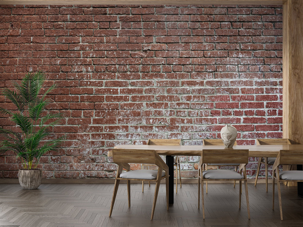 Rustic brick wallpaper adding character to home office with wooden desk