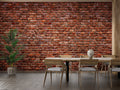 Brick effect wallpaper creating warmth in modern living room with grey sofa and plants