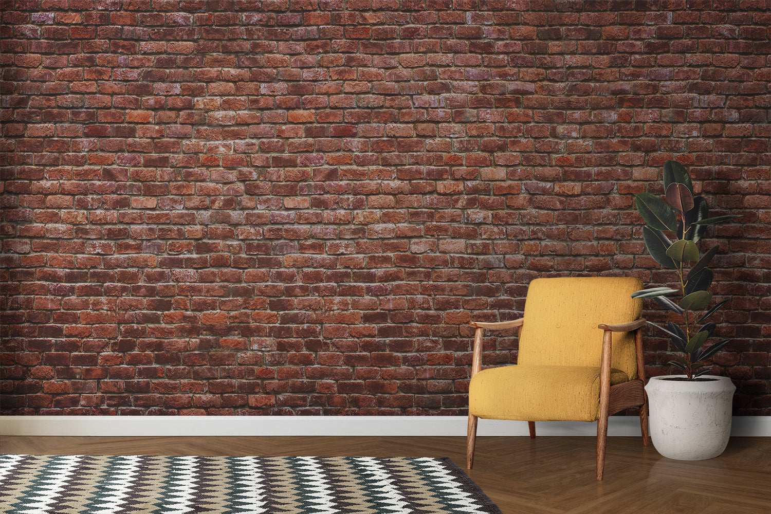 Rustic brick mural in cozy dining room with wooden table and pendant lights
