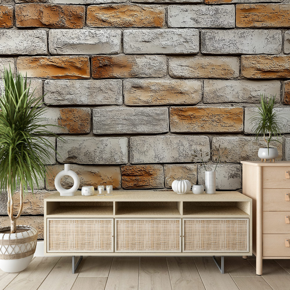 White brick texture wallpaper creating a cozy atmosphere in modern living room with grey sofa and natural light