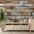 White brick texture wallpaper creating a cozy atmosphere in modern living room with grey sofa and natural light