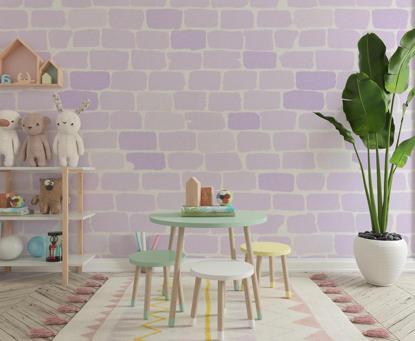Lavender brick wallpaper in a bright bedroom creating a calming atmosphere with natural light