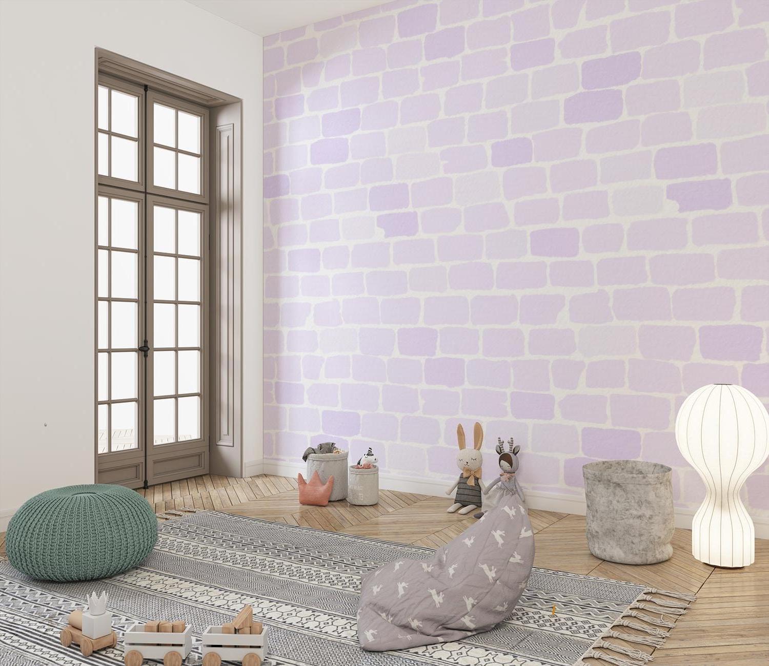 Purple brick wall mural adding soft texture to a modern home office space