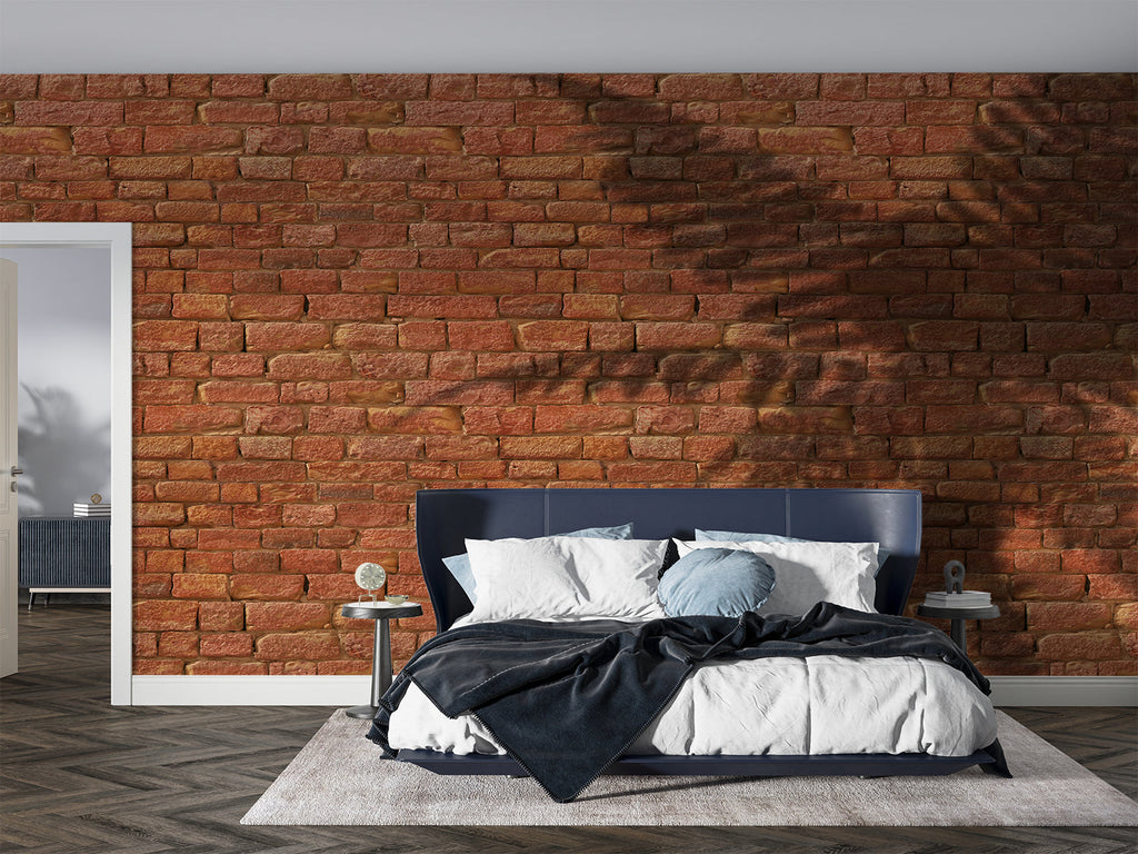 Brick effect wallpaper bringing texture to a trendy coffee shop interior
