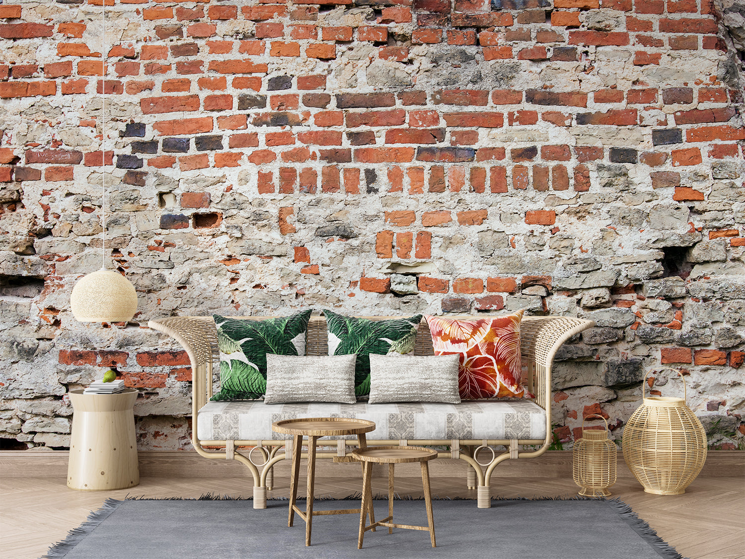Brick wallpaper in modern living room creating industrial loft atmosphere