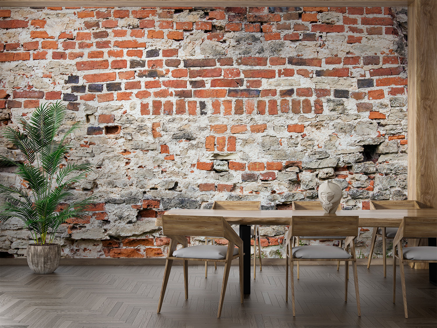 Vintage brick mural in home office with warm lighting