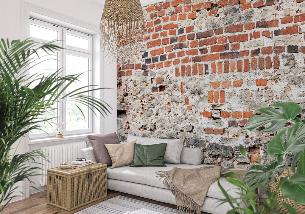 Vintage brick wall mural in cozy bedroom creating warm industrial atmosphere