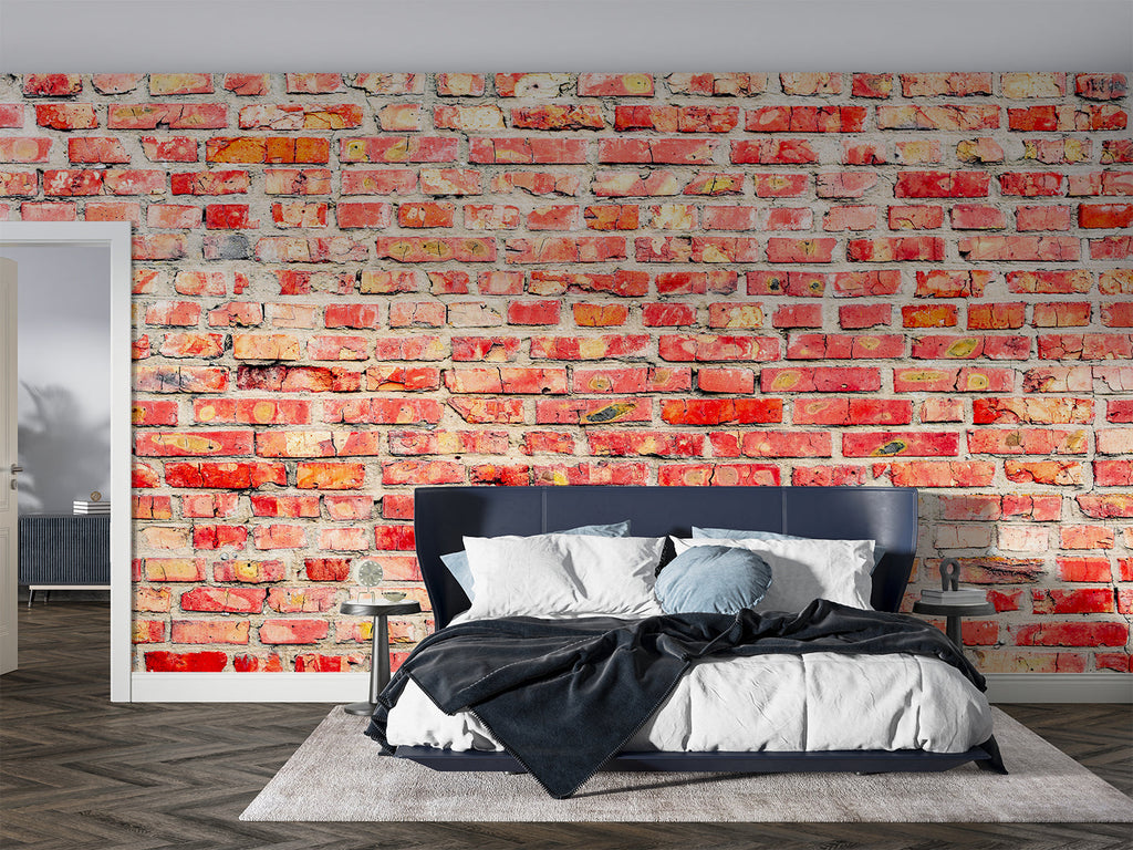 Vintage brick wallpaper in modern living room showing warm red tones and authentic texture