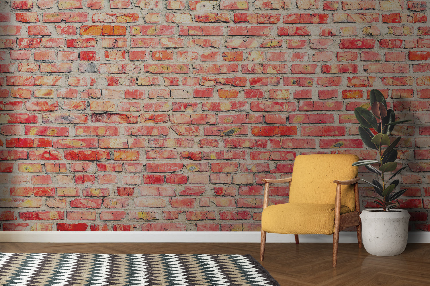 Industrial brick mural creating focal point in minimalist dining room