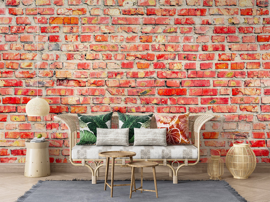 Red brick wallpaper adding character to contemporary home office space