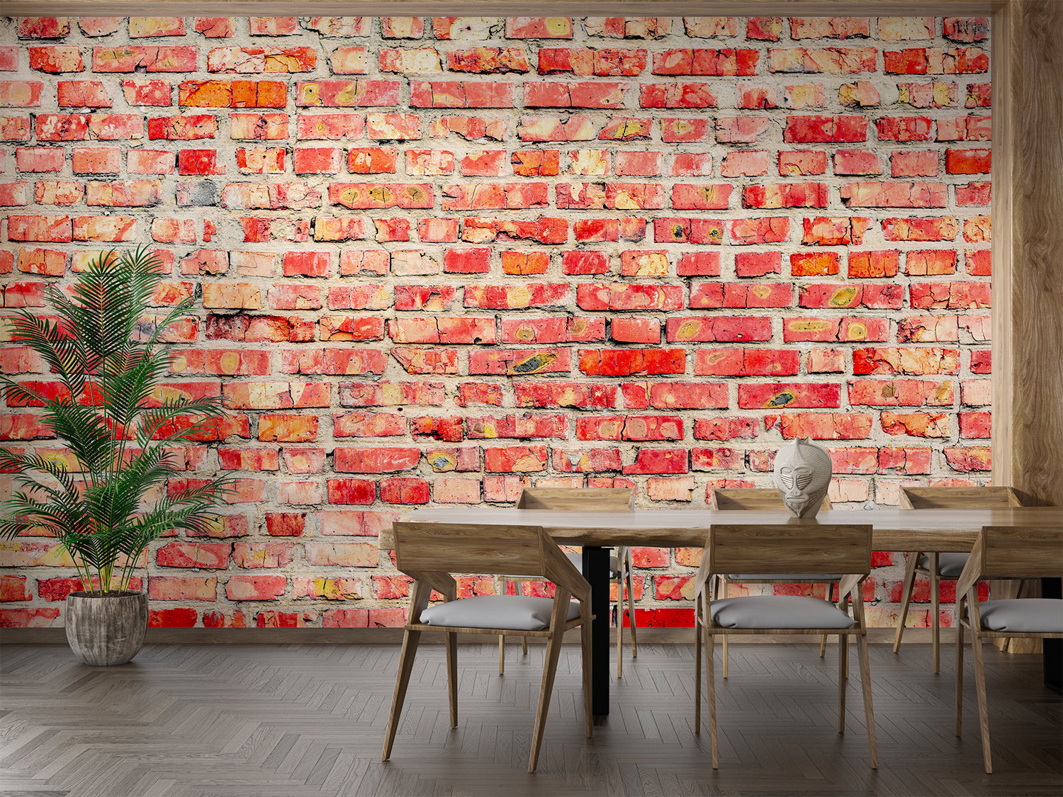 Exposed brick effect wallpaper in urban style bedroom setting