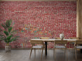 Red brick wallpaper in modern living room with leather sofa and industrial lighting