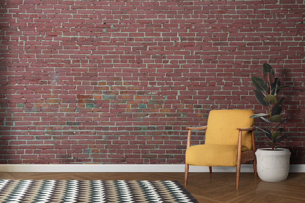 Vintage brick wallpaper creating feature wall in dining room with pendant lights