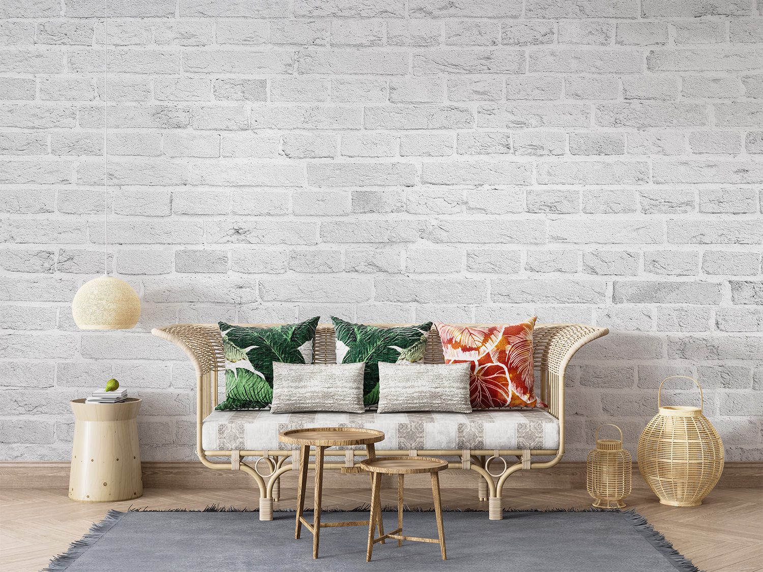 Industrial brick wall mural in minimalist kitchen with steel appliances